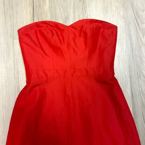 J Crew Dress Red Strapless Midi Silk Cotton Blend Flounce Hem  Sz 2 Party Spring - Picture 7 of 12